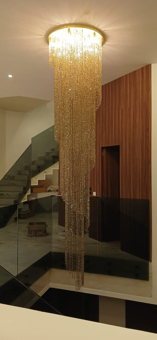 Lustre Double Hauteur en Cristal Doré 50 cm × 150 cm | Villa, Hôtel & Café