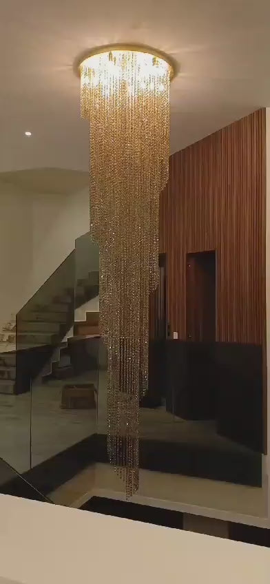 Lustre Double Hauteur en Cristal Doré 50 cm × 150 cm | Villa, Hôtel & Café